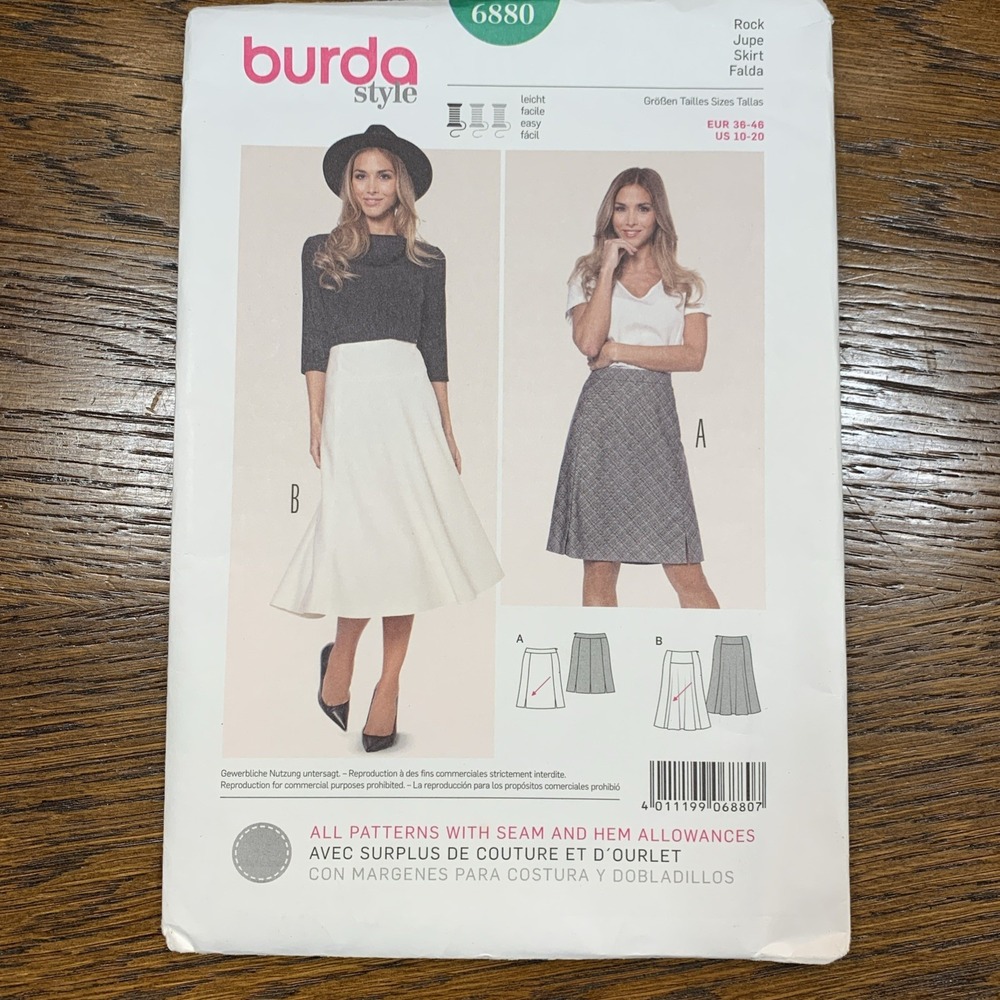 New Uncut Burda Sewing Pattern 6880 Skirt with Length Variations Sz US 10-20